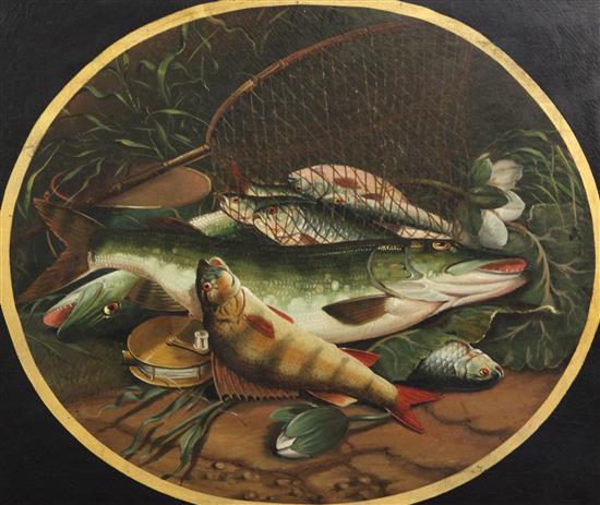 19th century English School Still life of pike and other fish, with a net and a reel 20 x 24.5in.
